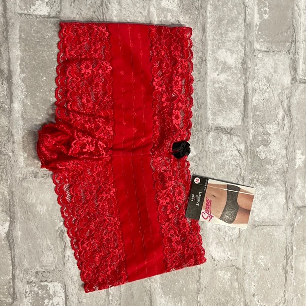 Red lacy booty short underwear.